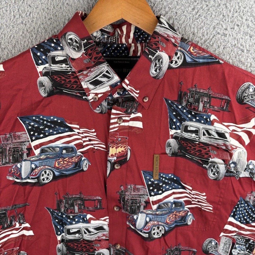 American Hot Rod Shirt Mens XL Red Patriotic All Over Print Car Show